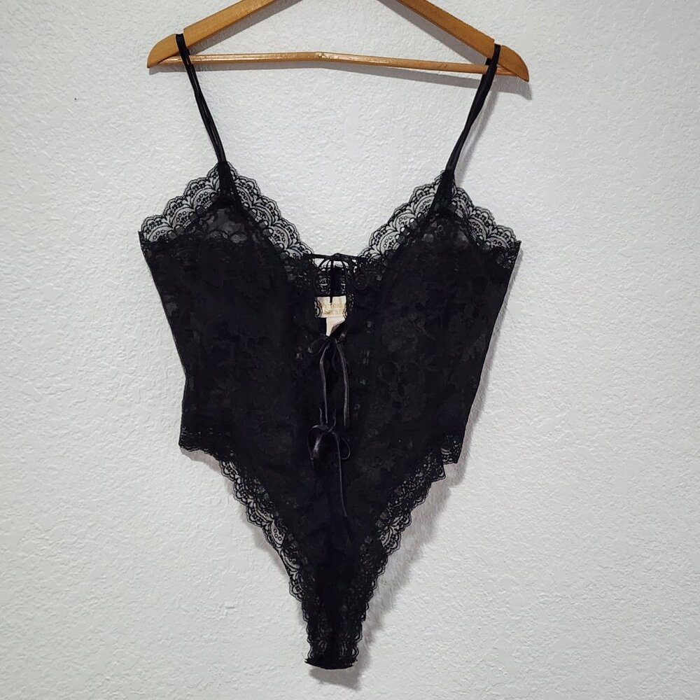 Vintage Victoria Secret Gold Label Lace-up Teddy Bodysuit Black Large Coquette